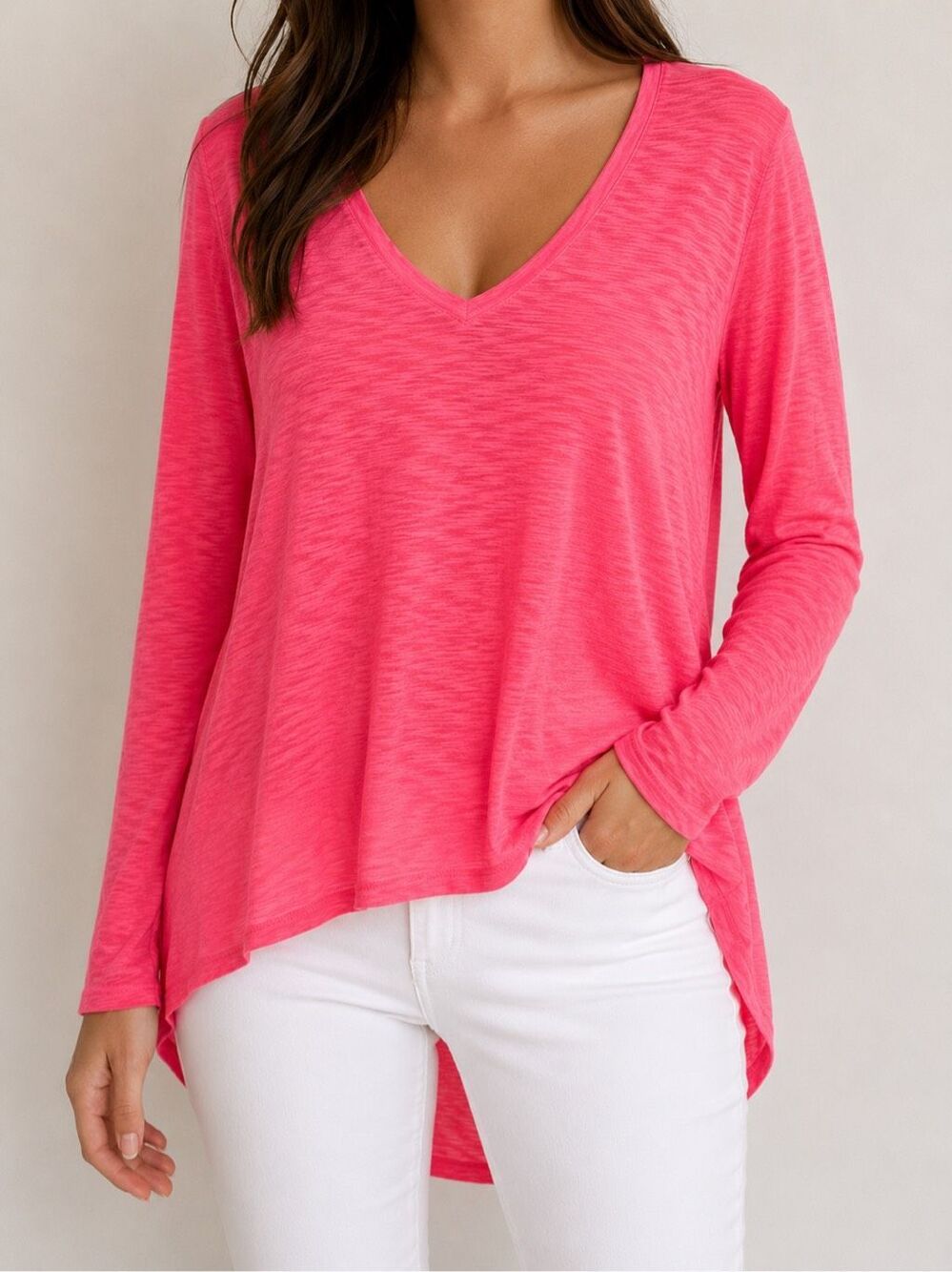 Lilly Pulitzer XXS Pink V Neck Long Sleeve Top High Low Hem Slub Knit
